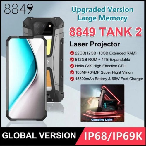 Rugged Smartphone Unihertz 8849 Tank 2 Laser Projector 22GB/512GB 15500mAh 108MP NFC - NEW